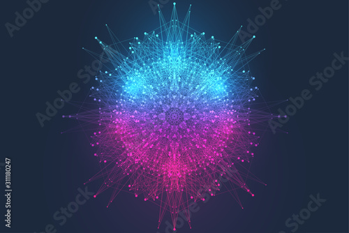 Scientific vector illustration quantum computer technology. Plexus fiction effect. Deep learning artificial intelligence. Big data algorithms visualization. Quantum explosion background.