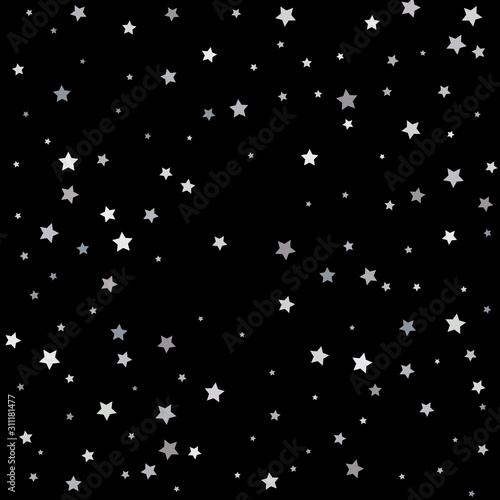 Silver sparkle star on black background. Starry confetti