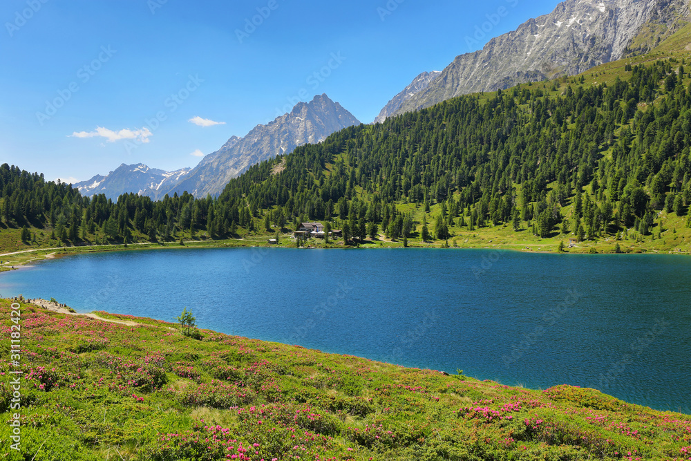 Obersee lake in Stalle Pass, frontier between Italy and Austria