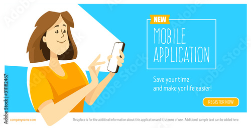 Beautiful businesswoman looking at smartphone display. Friendly cartoon female character girl face. Flat. Mobile application advertising banner template with copyspace pleace. Vector illustration.