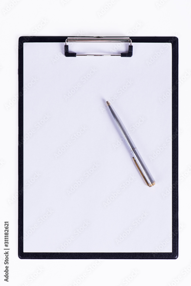 Clipboard with pen on a white background Clipboard with pen on a white background