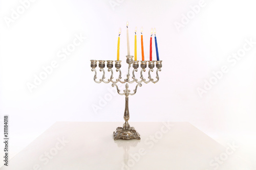 hanukkah menorah five candles white background