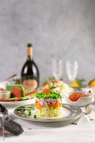 estive New Year s table in the Russian style  champagne  Olivier and red caviar
