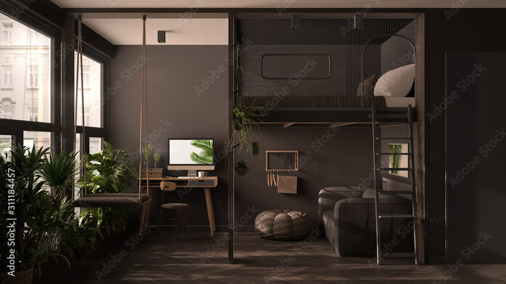 Minimalist studio apartment with loft bunk double bed mezzanine