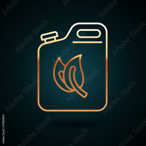 Gold line Bio fuel canister icon isolated on dark blue background. Eco bio and barrel. Green environment and recycle.  Vector Illustration