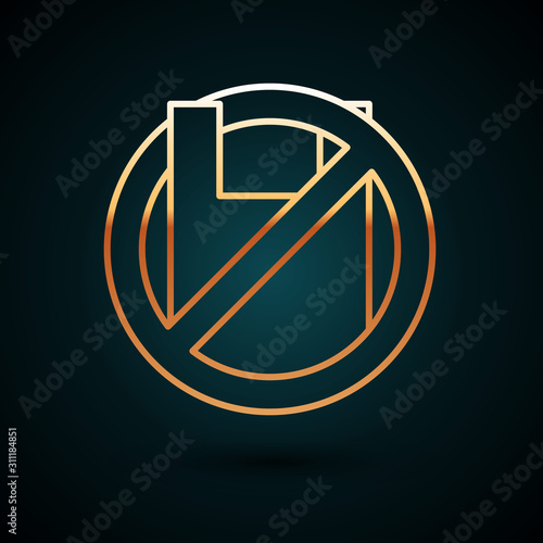 Gold line Say no to plastic bags poster icon isolated on dark blue background. Disposable cellophane and polythene package prohibition sign.  Vector Illustration