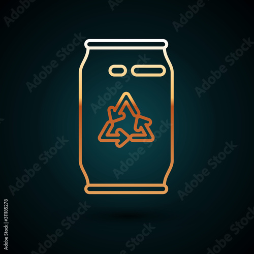 Gold line Can with recycle symbol and can icon isolated on dark blue background. Trash can icon. Garbage bin sign. Recycle basket sign.  Vector Illustration