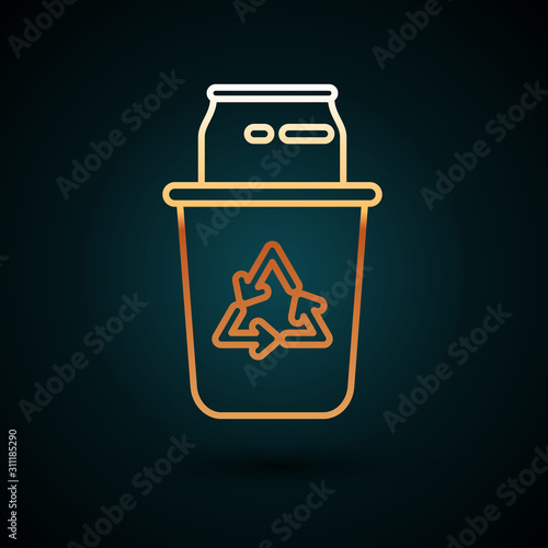 Gold line Recycle bin with recycle symbol and can icon isolated on dark blue background. Trash can icon. Garbage bin sign. Recycle basket sign.  Vector Illustration