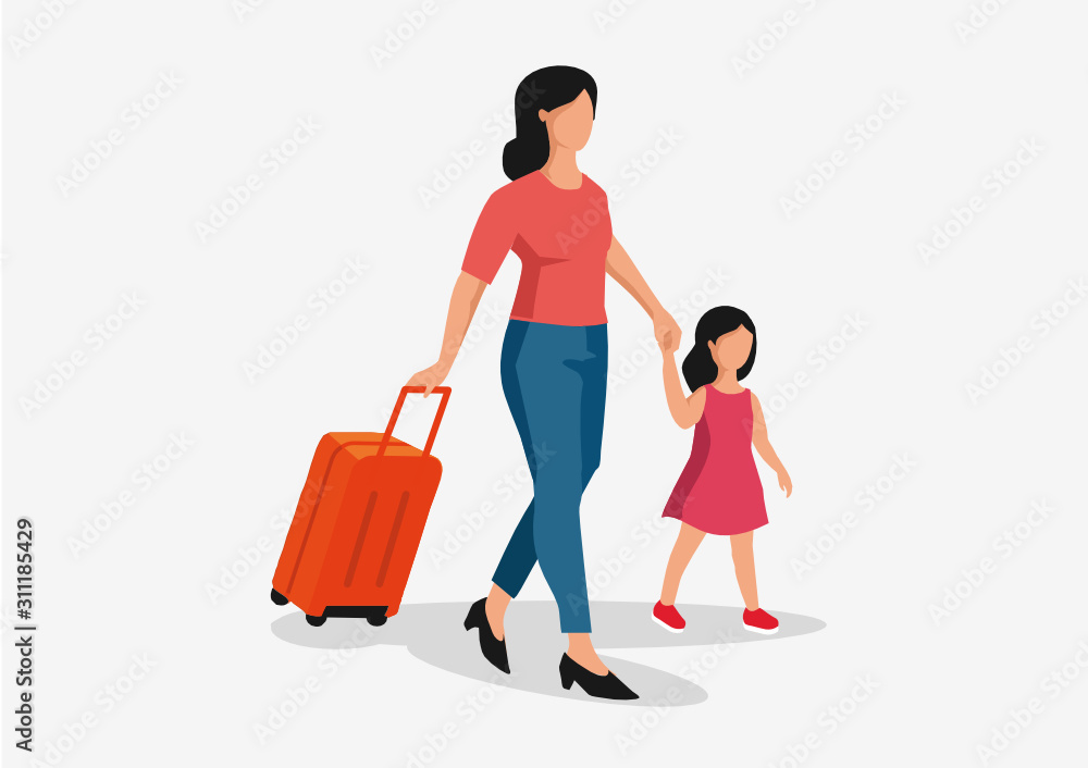 woman with suitcase and children in airport flat illustration woman with suitcase and children in airport flat illustration