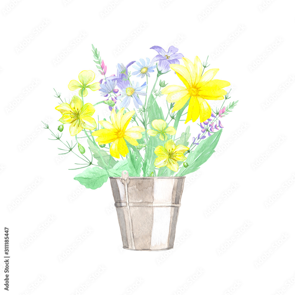 Watercolor illustration of a bouquet of wildflowers in a metal bucket. A simple, summer, romantic bouquet is ideal for designing cards, invitations, web sites, photo albums and other creative projects