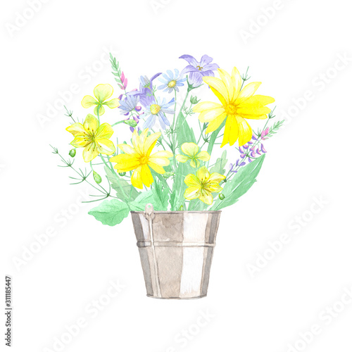 Watercolor illustration of a bouquet of wildflowers in a metal bucket. A simple  summer  romantic bouquet is ideal for designing cards  invitations  web sites  photo albums and other creative projects