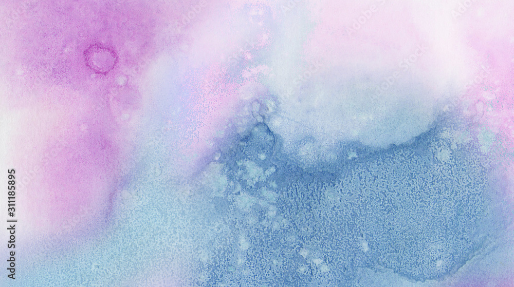 Creative smeared blue, purple and pink shades aquarelle background for vintage card, retro template. Light smudge watercolor paper textured ink effect grungy wet pastel illustration for design.
