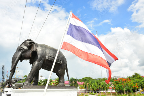 Rayong Thailand June 06 2019 Piemphong Sarn Bridge. Black Elephant Stucco  standing. Bridge for use in the return of people and vehicles. Black Elephant stucco on white background. photo