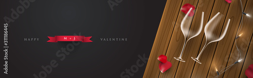 Romantic valentine's day horizontal banner background with wine glass and rose petals vector illustration