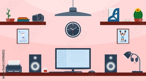 Workspace for business. Creative office space vector with display on the table - workspace layout template.