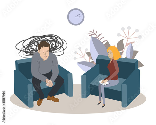 Vector cartoon illustration of Psychotherapy. Man in depression and woman psychologist. Society psychiatry concept, society psychiatry concept