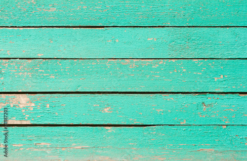 Old wooden wall painted in turquoise color.Space for text