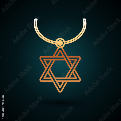 Gold line Star of David necklace on chain icon isolated on dark blue background. Jewish religion symbol. Symbol of Israel. Jewellery and accessory. Vector Illustration
