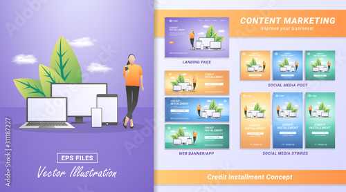 Content marketing material set. Pay credit installments through a mobile app, an online credit process. Including Landing page, Social media post and story, Web banner. Vector illustration