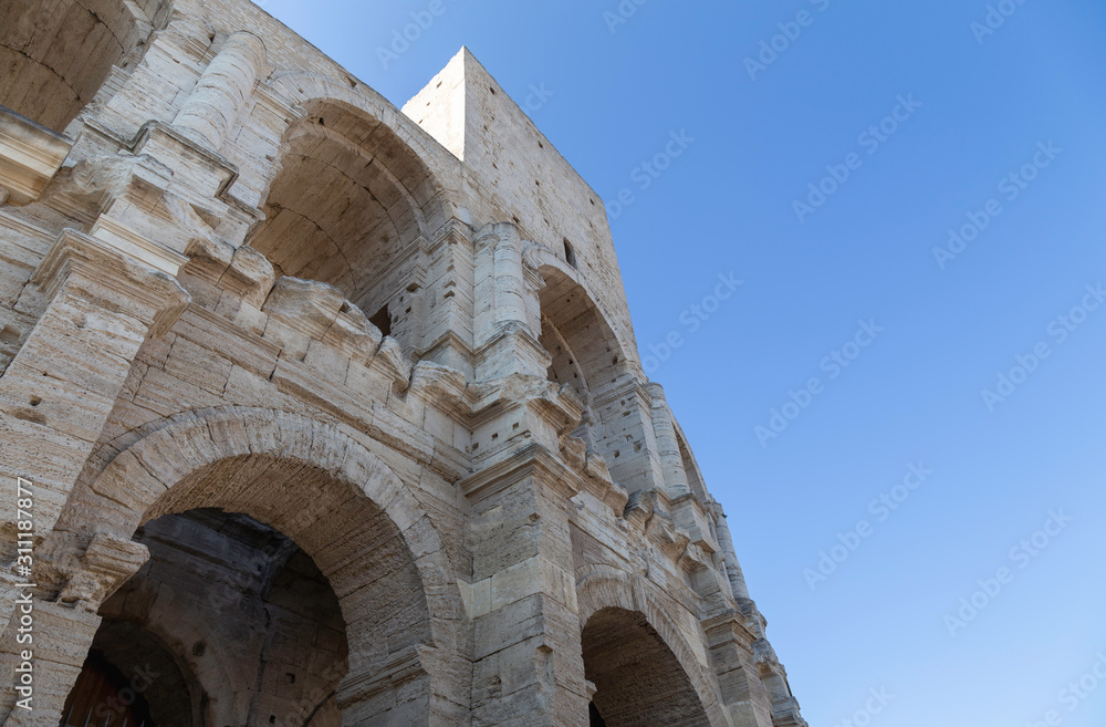 Close up of Arles Amphitheatre in Provence with copy space