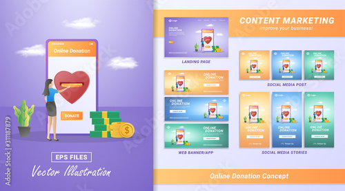 Content marketing material set. Online donation. Donate through the mobile app, provide financial assistance. Including Landing page, Social media post and story, Web banner. Vector illustration