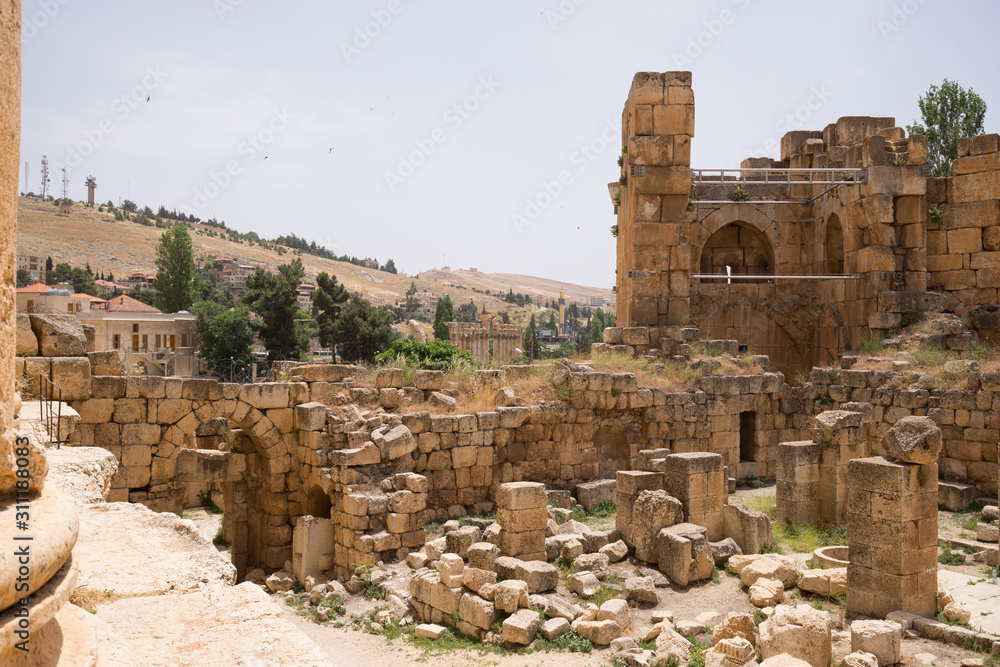 The ruins of the Roman city of Heliopolis or Baalbek in the Beqaa Valley. Baalbek, Lebanon - June, 2019