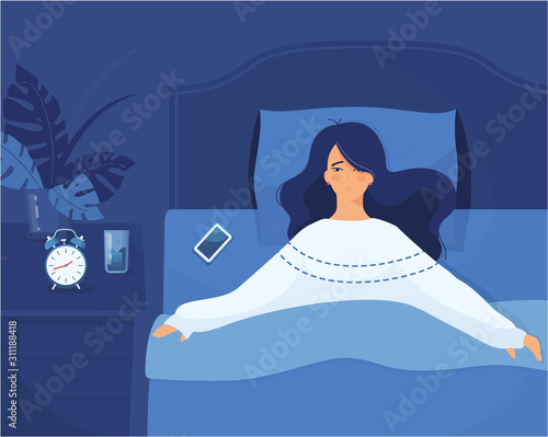 Insomnia. Woman in bed with open eyes in darkness night room. Flat cartoon style vector illustration. Vector flat modern illustration of Sleepless sad girl on isolated night background. - Vector.