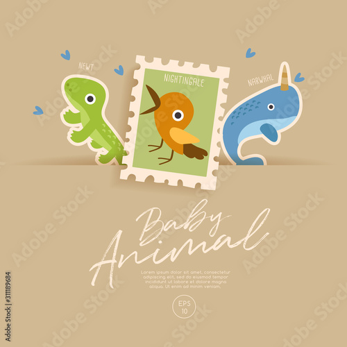 Postage stamp isolated on brown paper background with cute baby animals   Vector Illustration