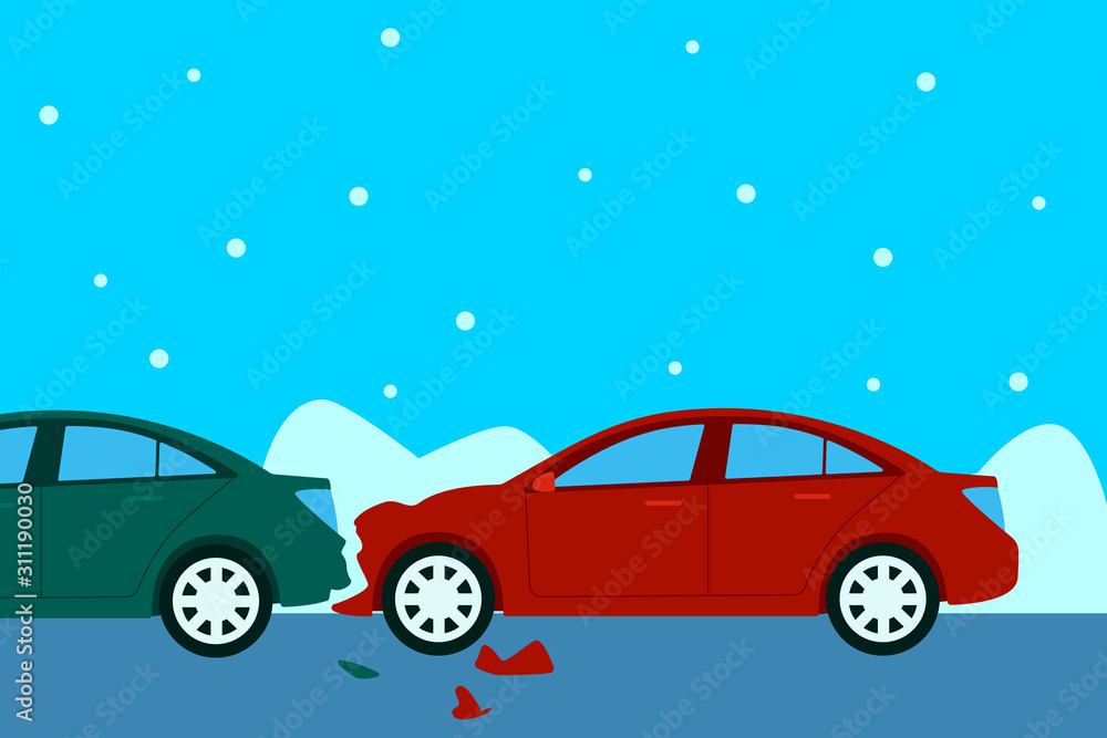 Cars crashed on a slippery road. Winter accident. Flat design. Vector illustration