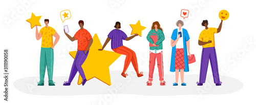 People with stars - Client feedback or review concept, online service evaluation, happy customers and their feedback, flat modern people and rating stars, smiles, likes, men and women, Vector © Maria Zamchiy 