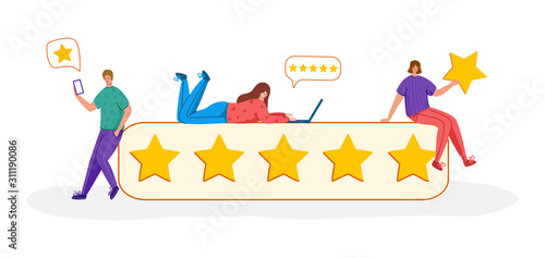 People with gadgets and stars - Client feedback or review concept, online service evaluation, young men and women and giant rating stars, flat tiny people and objects, trendy characters, Vector banner