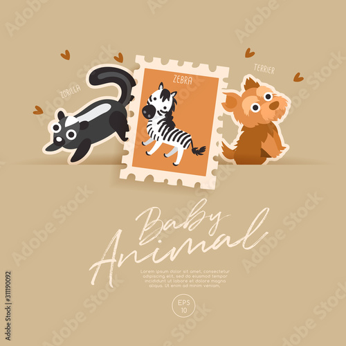 Postage stamp isolated on brown paper background with cute baby animals : Vector Illustration photo