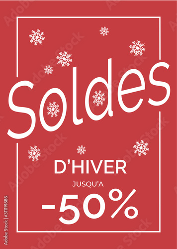 Affiche soldes d'hiver jusqu'à - 50% sur fond rouge
