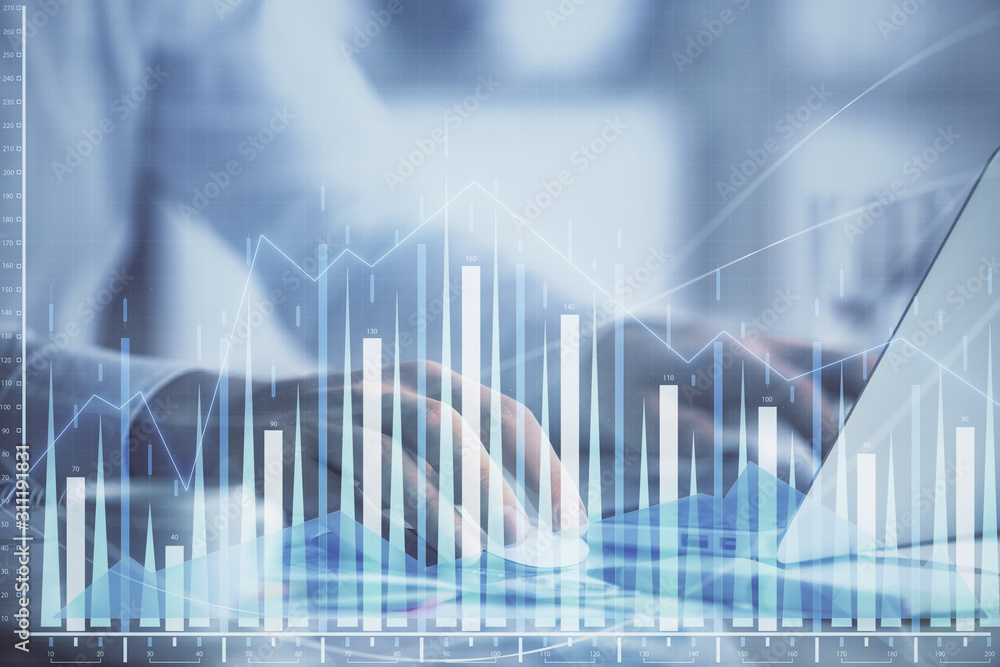 Double exposure of forex graph with man working on computer on background. Concept of market analysis. Double exposure of forex graph with man working on computer on background. Concept of market analysis.