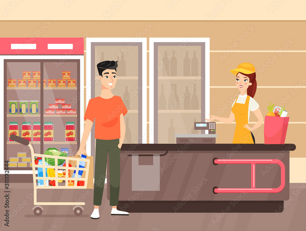 Man doing grocery shopping flat vector illustration