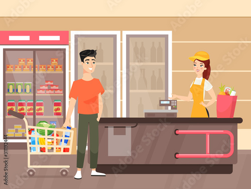 Man doing grocery shopping flat vector illustration