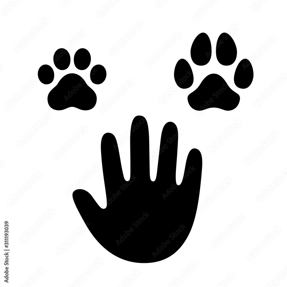 Human hand with dog and cat paw Human hand with dog and cat paw