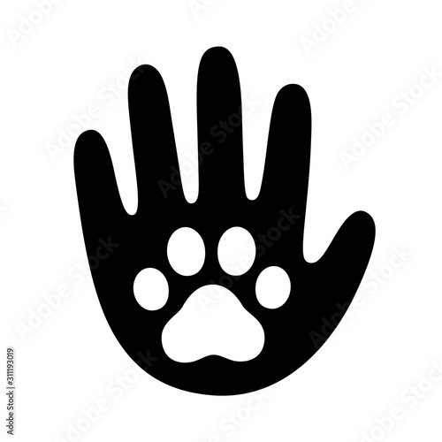 Human hand with pet paw print