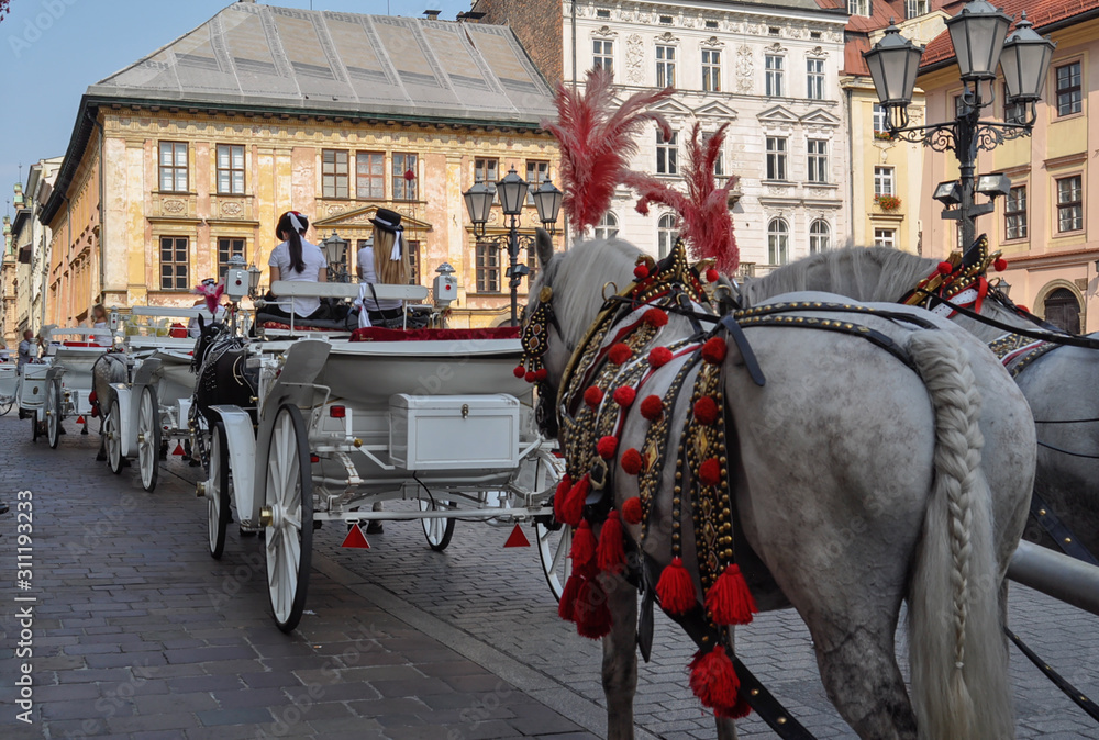 White carriage in Krakow Old Town. Stare Miasto. Poland