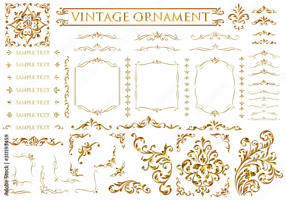 Vintage ornament set. Metallic golden pattern. - obrazy, fototapety, plakaty 