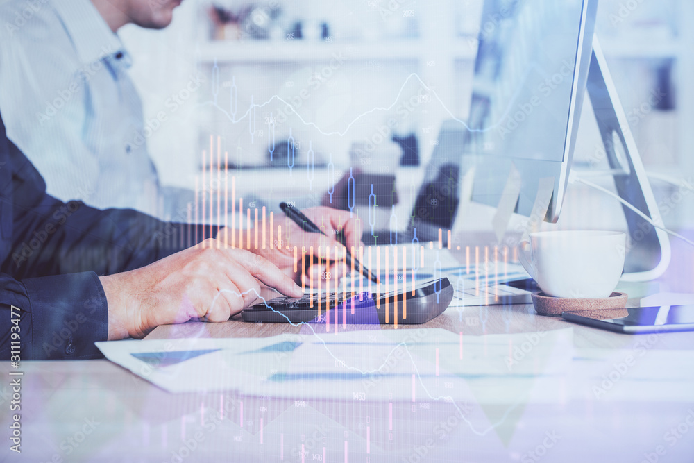 Forex graph with businessman working on computer in office on background. Concept of hardworking. Closeup. Multi exposure. Forex graph with businessman working on computer in office on background. Concept of hardworking. Closeup. Multi exposure.