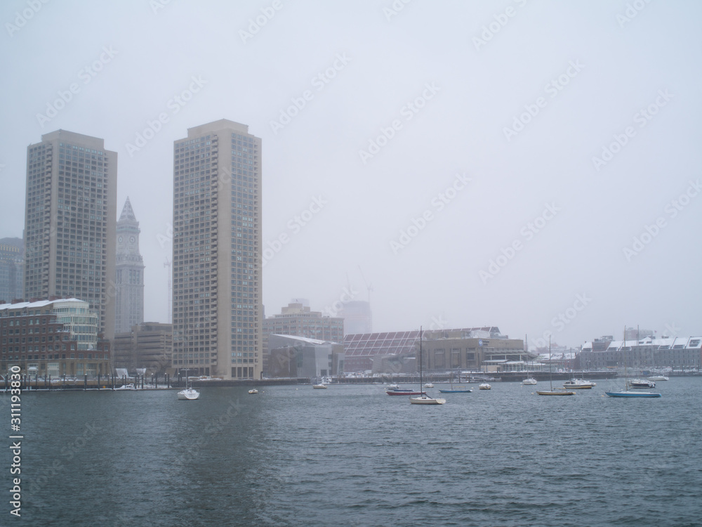 Tall Buildings on Boston Waterfront in a Snow Storm