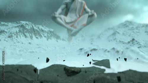 Man levitating in lotus position in Mountain Valley meditates and rises. Magician raises stones by spirit power and energy