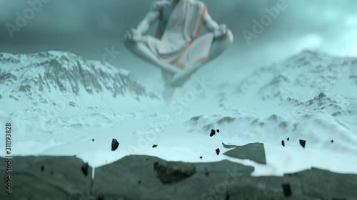 Man levitating in lotus position in Mountain Valley meditates and rises. Magician raises stones by spirit power and energy photo