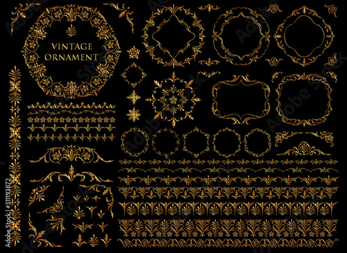Vintage ornament set. Metallic golden pattern.