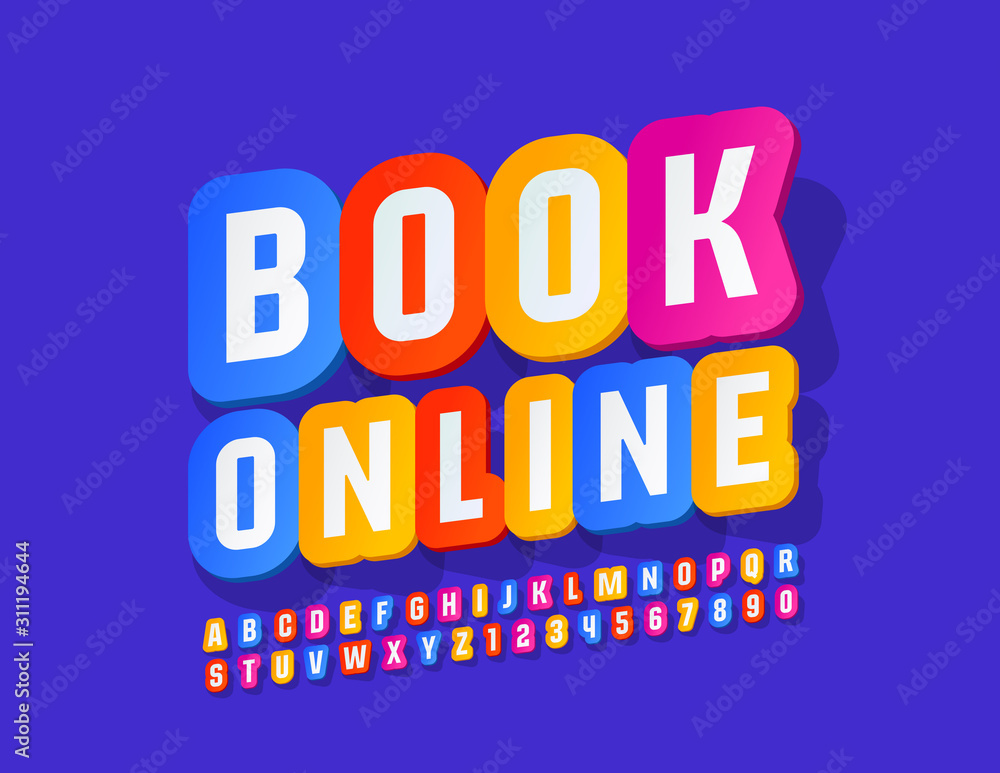 Vector bright Emblem Book Online. Rotated Colorful Font. Bright creative Alphabet Letters and Numbers