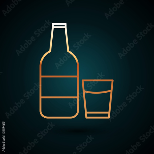 Gold line Closed glass bottle with milk and glass icon isolated on dark blue background. Vector Illustration