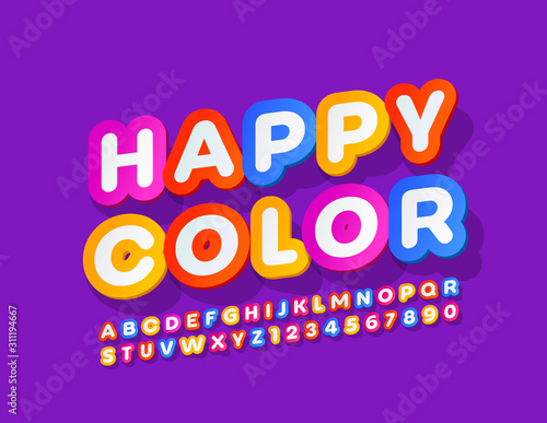 Vector funny sign Happy Color with creative Font. Bright Alphabet Letters and Numbers
