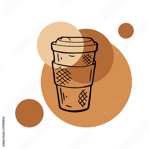 Hand drawn layout of logo with coffee takeaway cup. In doodle style, black outline on a round caramel color background. Cute element for cards, social media banners, stickers. Vector illustration