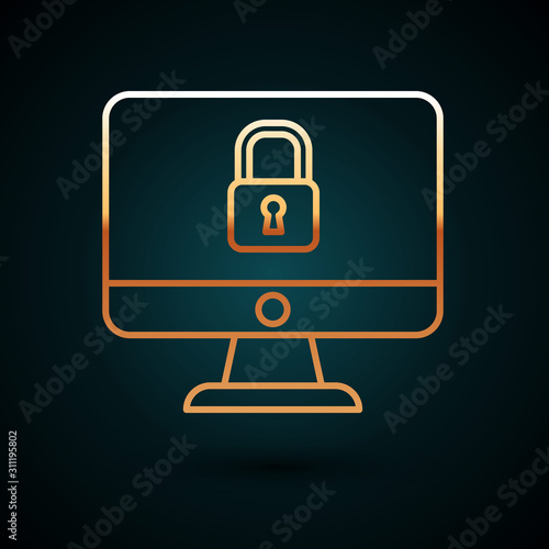 Gold line Lock on computer monitor screen icon isolated on dark blue background. Security, safety, protection concept. Safe internetwork. Vector Illustration